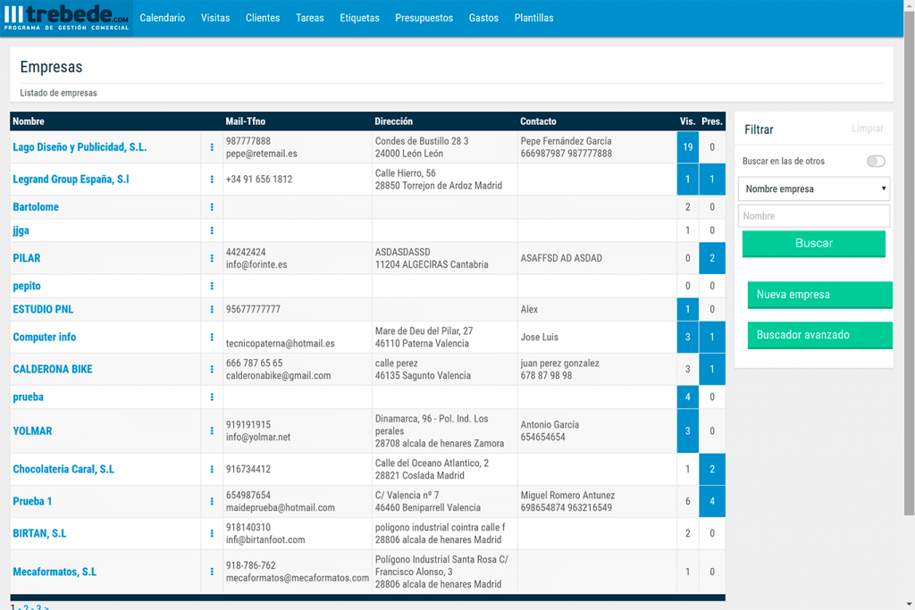 listado de empresas clientes en crm facil online