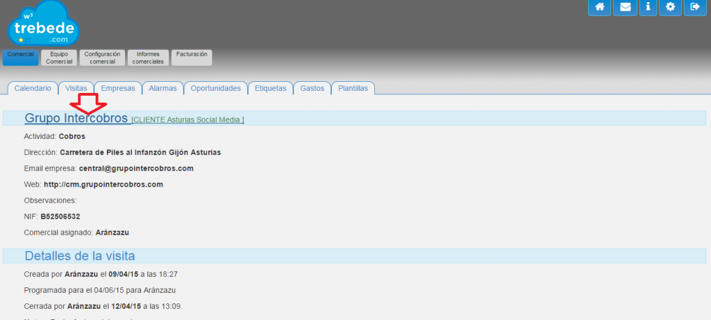 CRM online programa de gestión comercial de Trebede.com: modificar ficha de empresa cliente